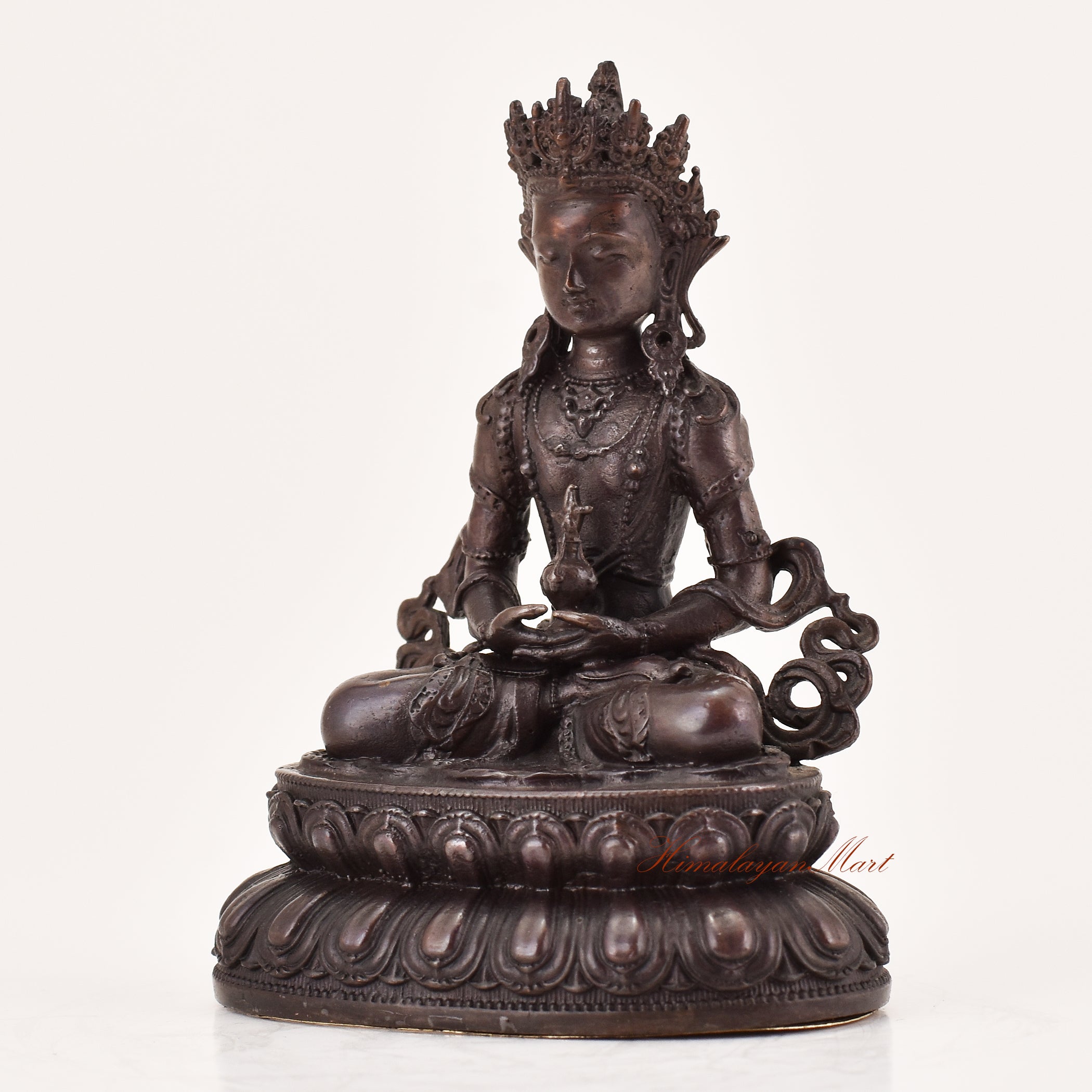 Left-side view of handcrafted Amitayus statue for sale, Tibetan Buddhist meditation and ritual sculpture.