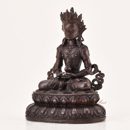 Left-side view of handcrafted Amitayus statue for sale, Tibetan Buddhist meditation and ritual sculpture.