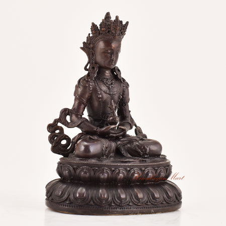Right-side view of handcrafted Amitayus statue for sale, Tibetan Buddhist meditation ritual sculpture.
