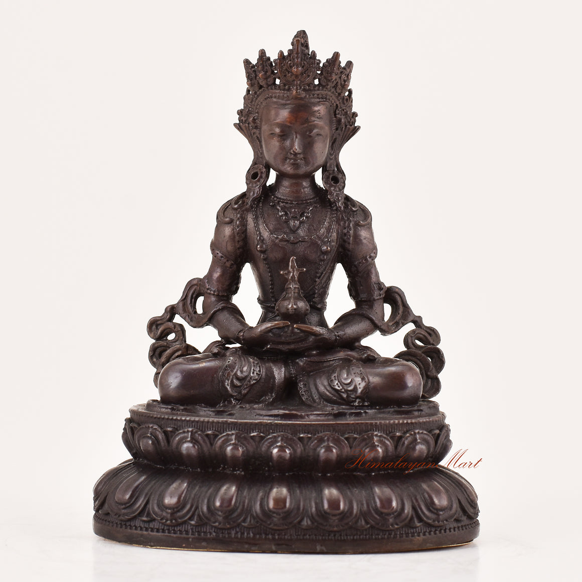 Handcrafted Amitayus statue for sale, Tibetan Buddhist meditation and ritual sculpture shown from the front.
