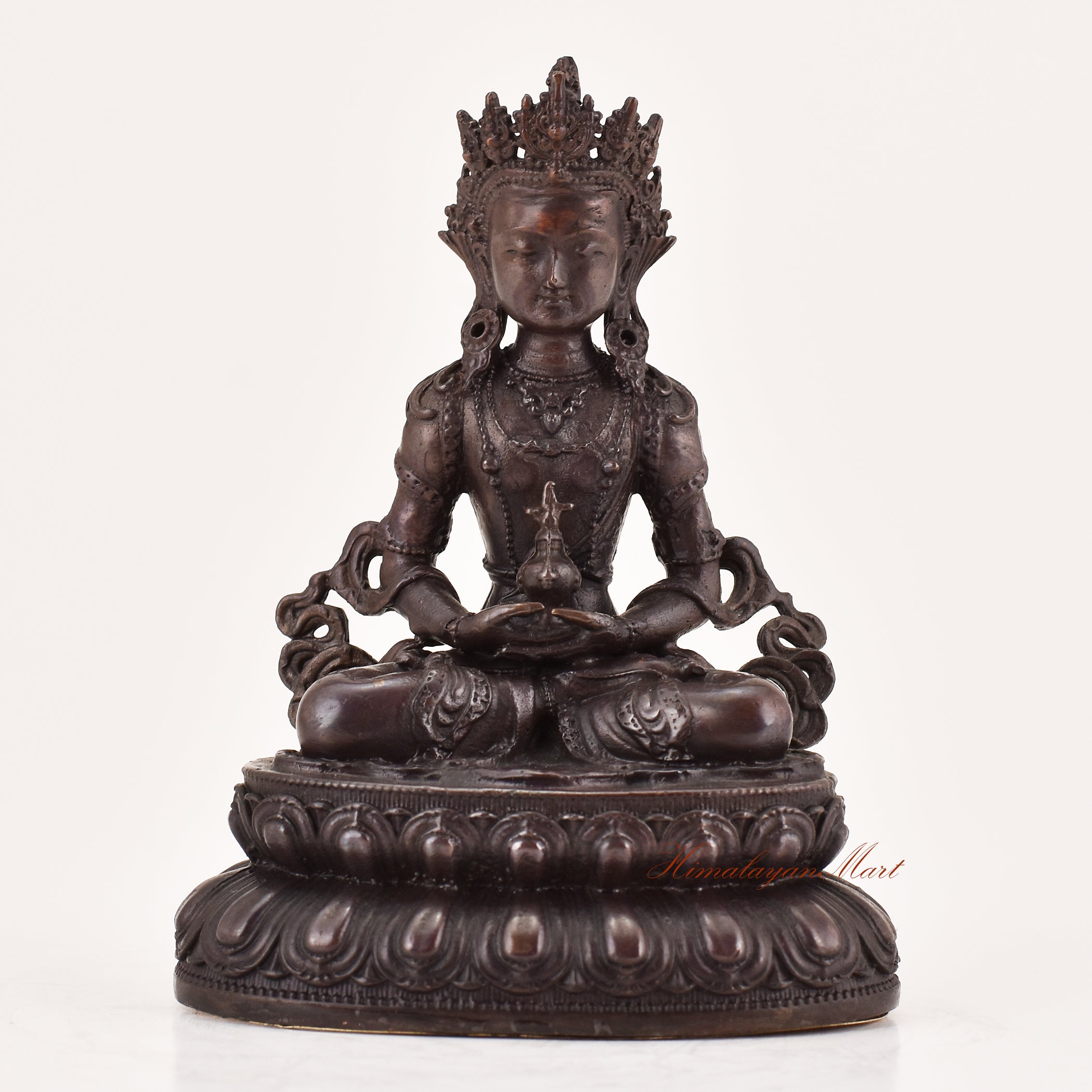 Handcrafted Amitayus statue for sale, Tibetan Buddhist meditation and ritual sculpture shown from the front.