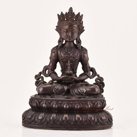 Handcrafted Amitayus statue for sale, Tibetan Buddhist meditation and ritual sculpture shown from the front.