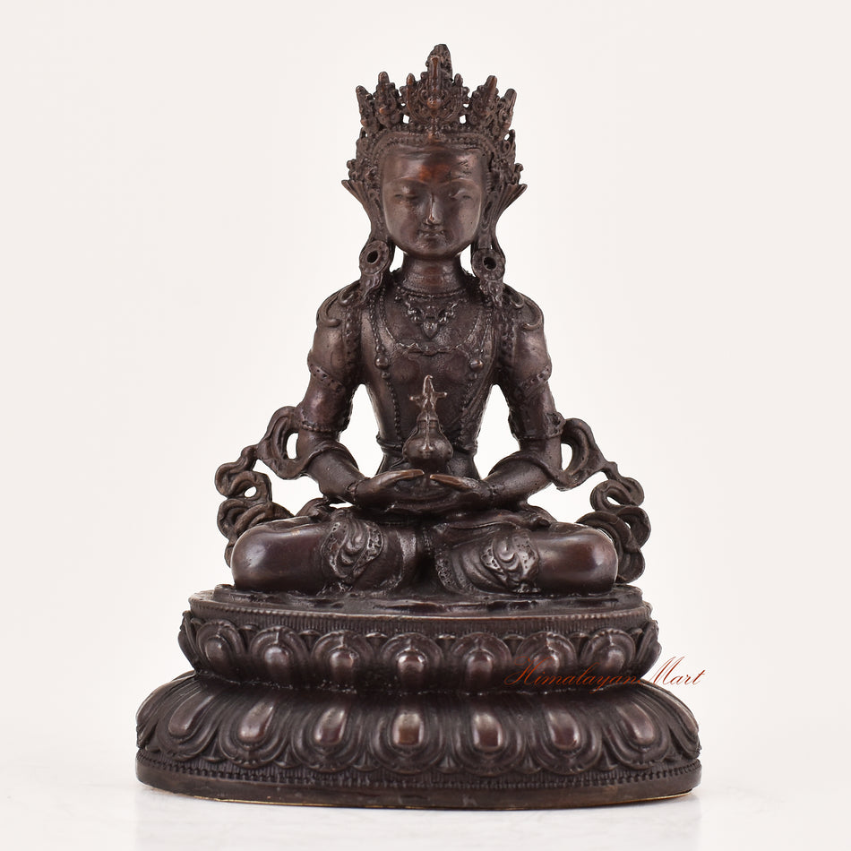 Handcrafted Amitayus statue for sale, Tibetan Buddhist meditation and ritual sculpture shown from the front.