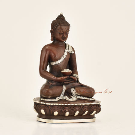 Right side view of Antique Amitabha Buddha Statue in copper alloy with oxidized finish