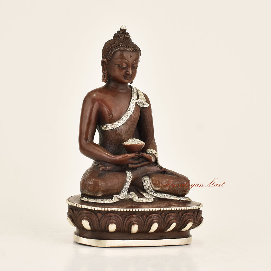 Right side view of Antique Amitabha Buddha Statue in copper alloy with oxidized finish
