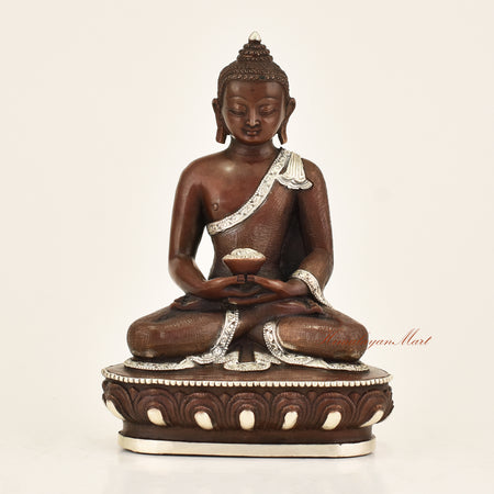 Antique Amitabha Buddha Statue with silver-plated detailing and oxidized finish