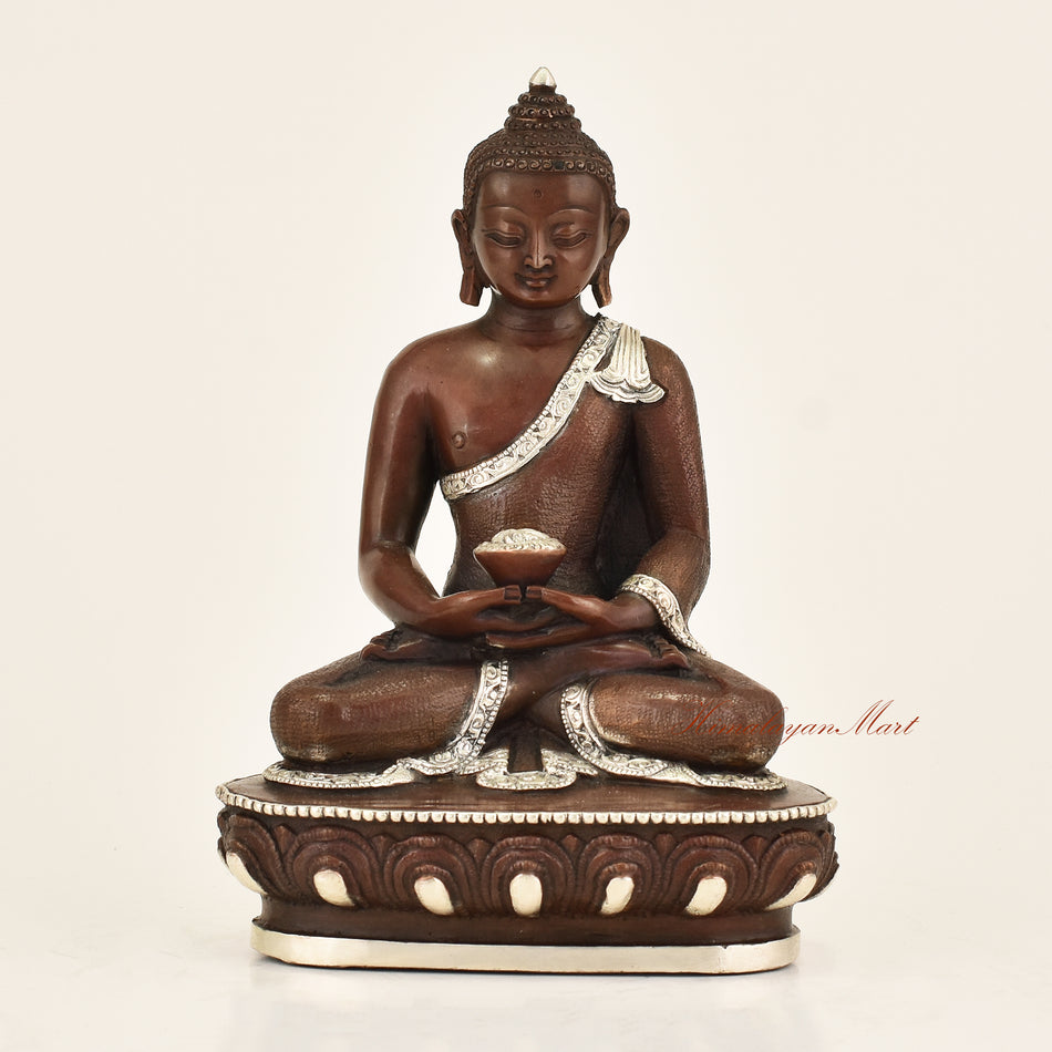 Antique Amitabha Buddha Statue with silver-plated detailing and oxidized finish
