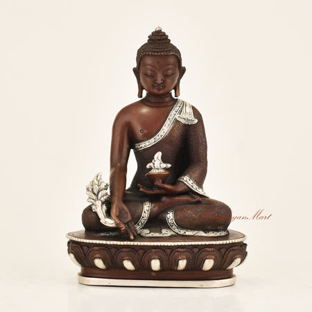 Antique Medicine Buddha Statue with silver-plated detailing and oxidized finish