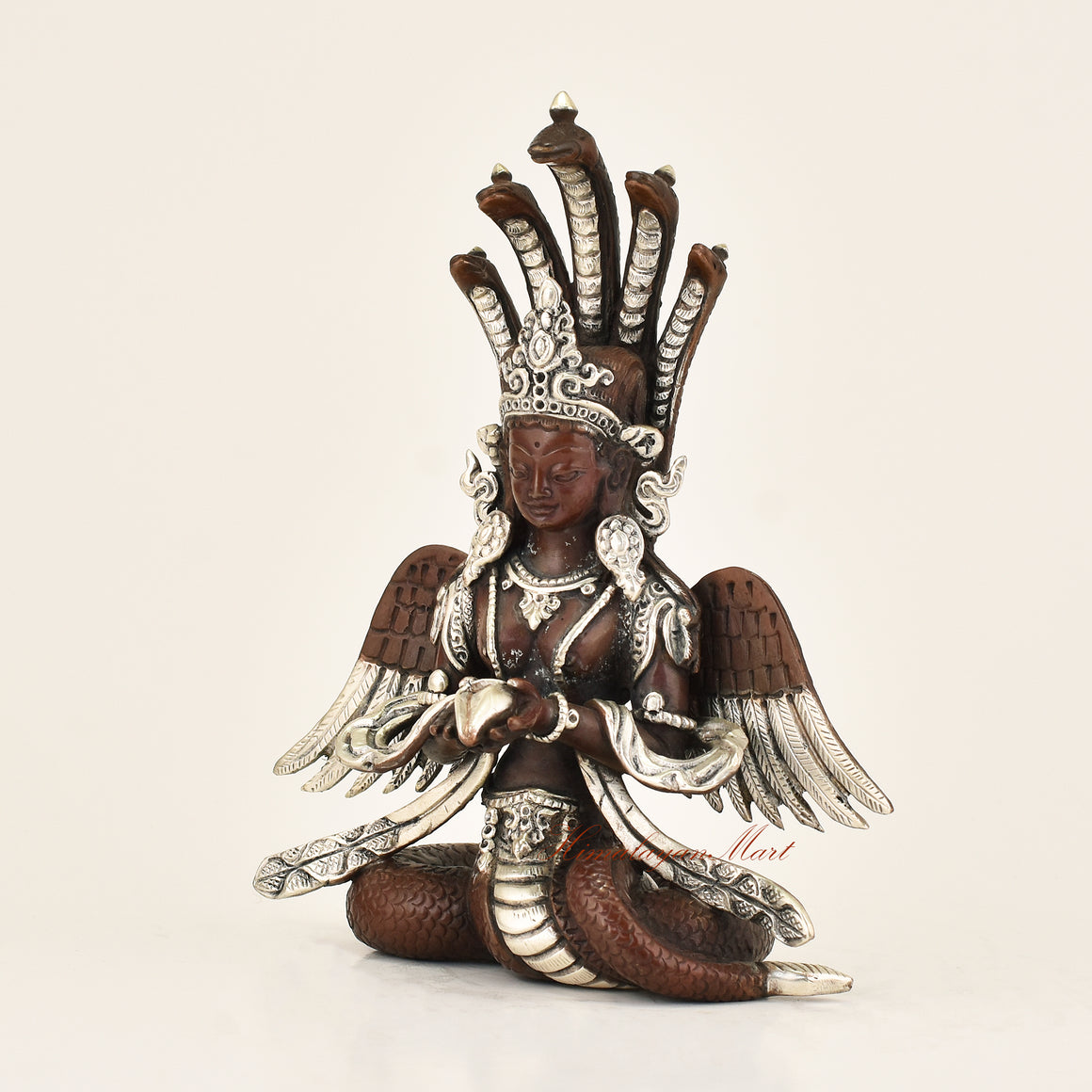 Left side view of Antique Naga Kanya Statue showing hand-carved detail