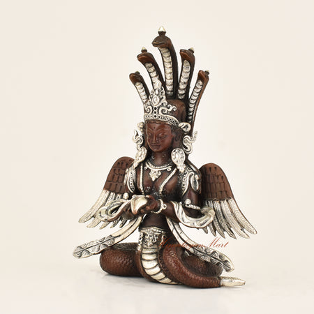 Left side view of Antique Naga Kanya Statue showing hand-carved detail