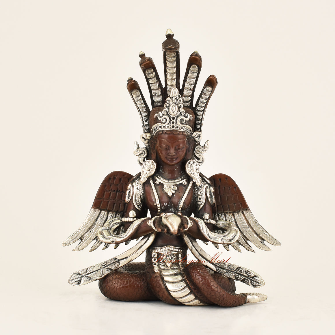 Antique Naga Kanya Statue with silver-plated detailing and oxidized finish