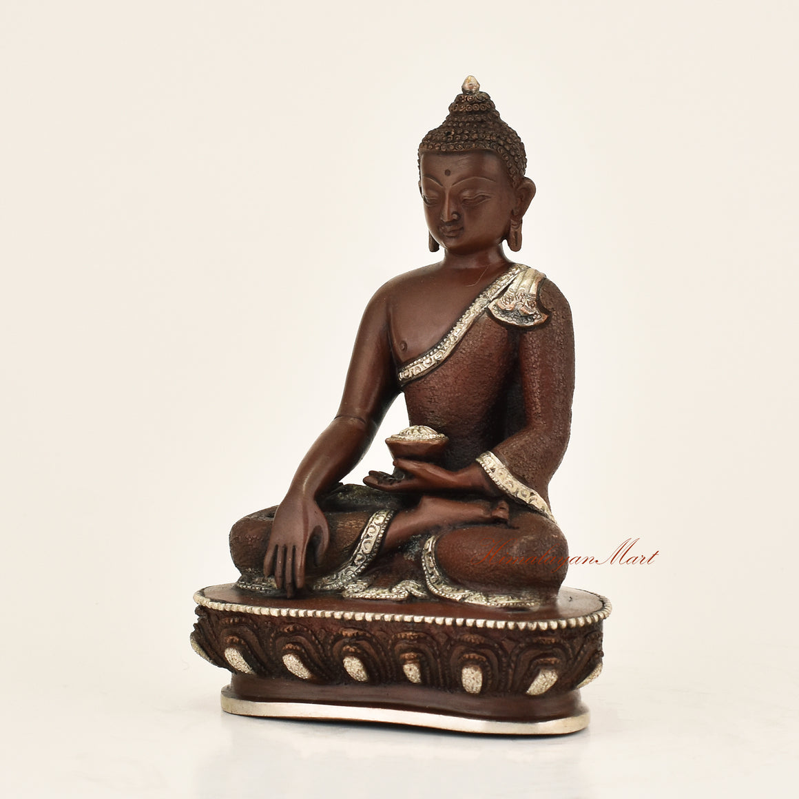 Left side view of Antique Shakyamuni Buddha Statue showing hand-carved detail