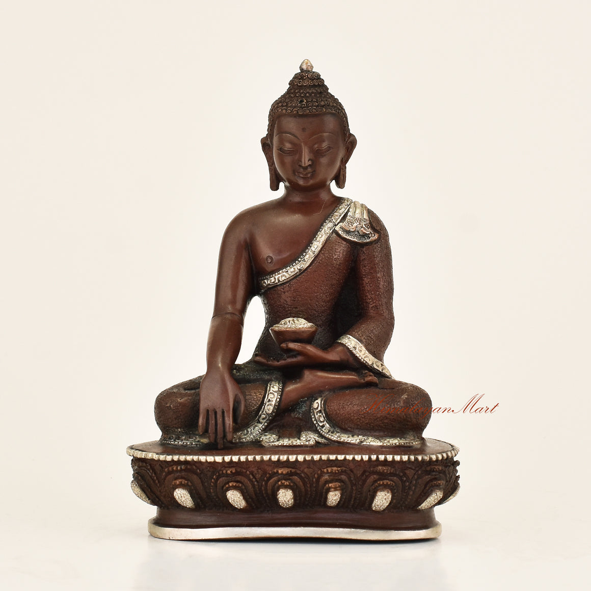 Antique Shakyamuni Buddha Statue with silver-plated detailing and oxidized finish