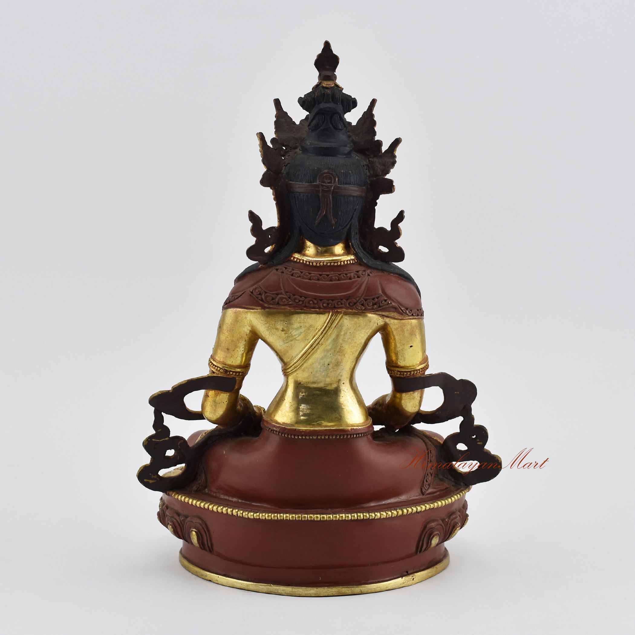 Back view of Aparamita Tibetan Buddha Statue displaying detailed copper alloy sculpture work