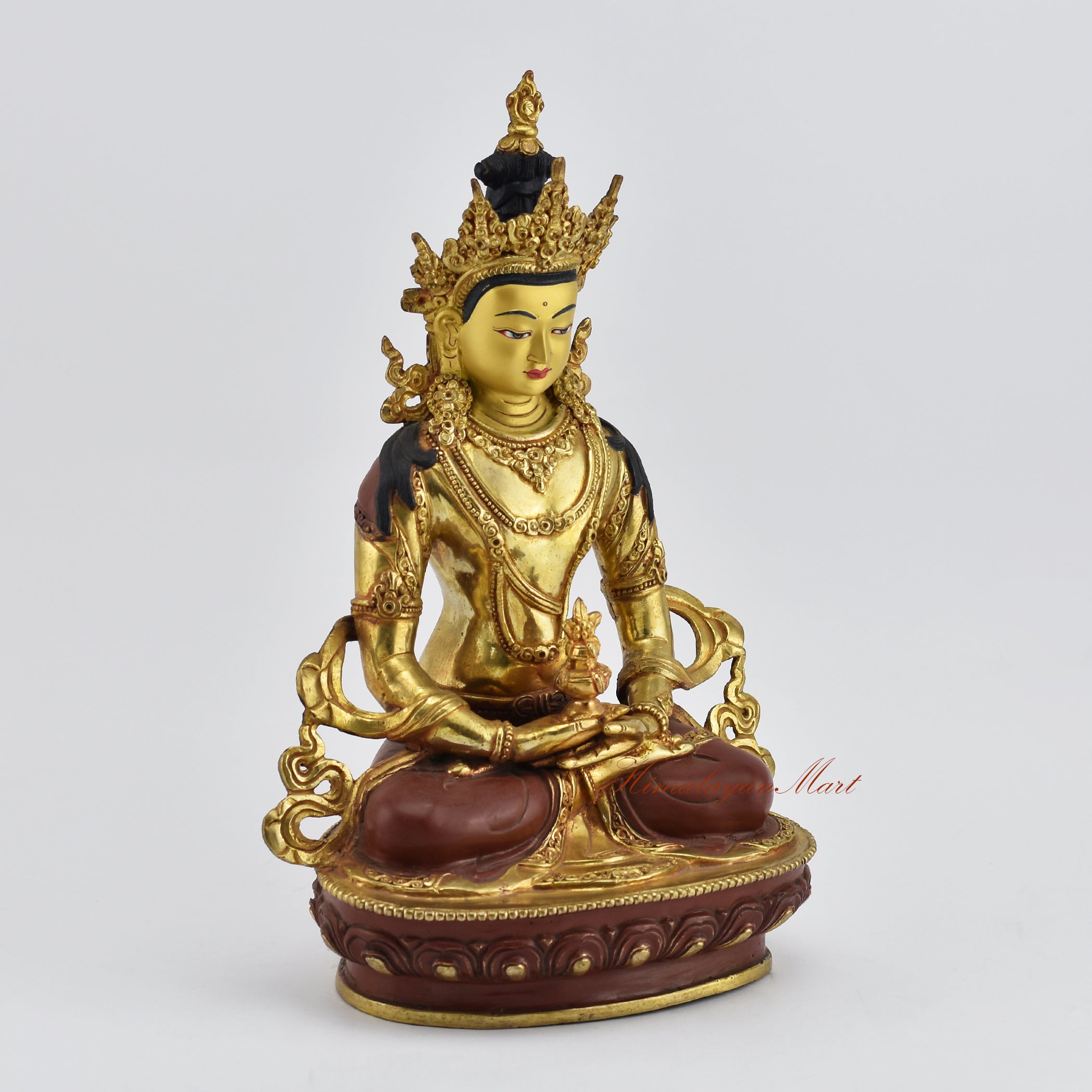 Right side view of Aparamita Tibetan Buddha Statue highlighting sculpted details and gold finish