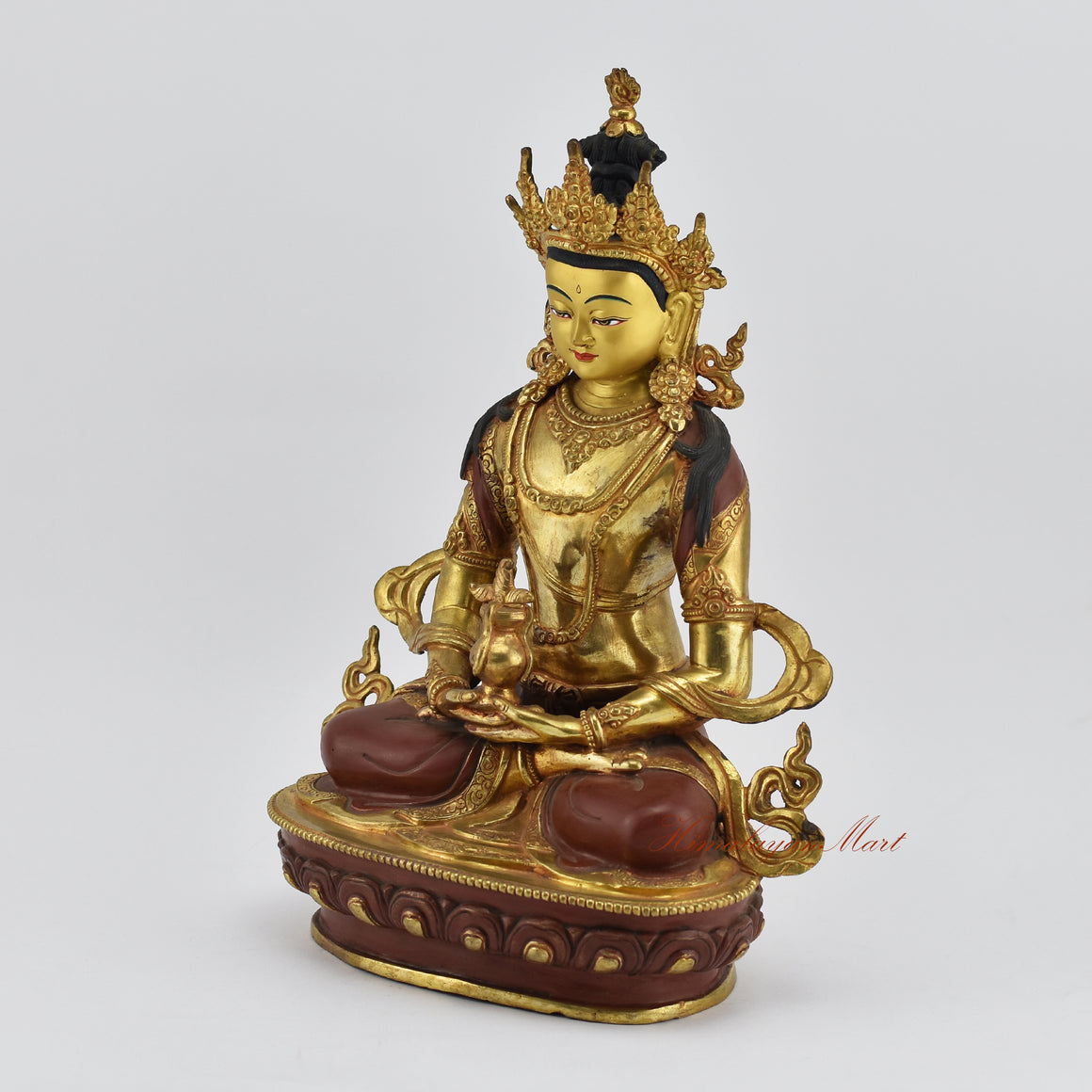 Left side view of Aparmita Tibetan Buddhist Statue highlighting hand-carved craftsmanship and serene features