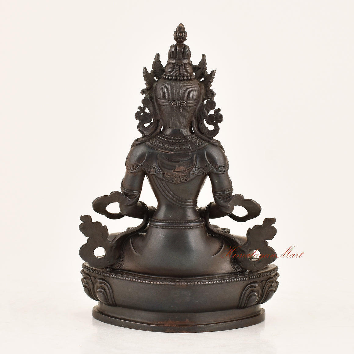 Back view of the Aparimita Statue displaying the detailed lost-wax cast copper alloy finish and traditional Himalayan Buddhist metalwork from Patan, Nepal