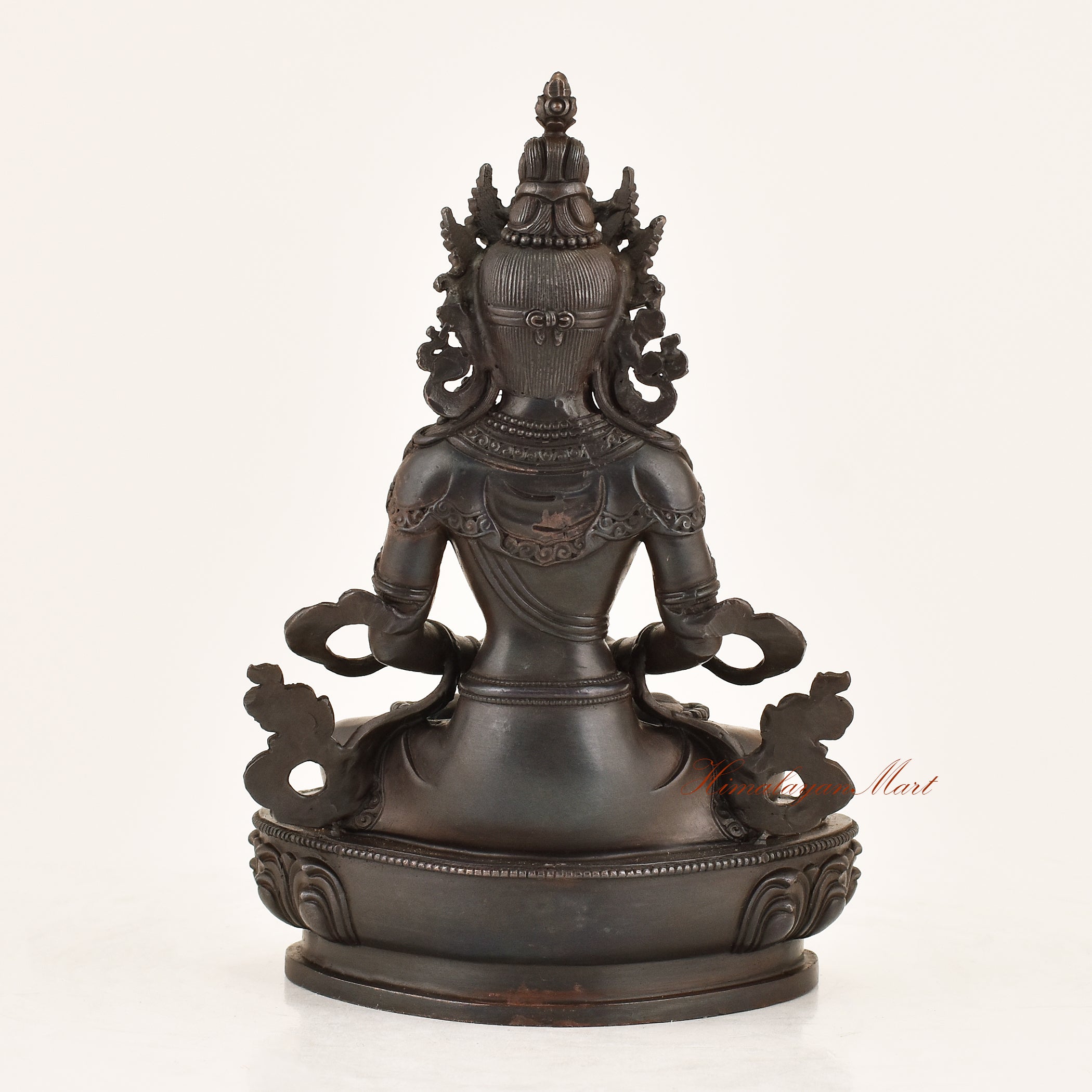 Back view of the Aparimita Statue displaying the detailed lost-wax cast copper alloy finish and traditional Himalayan Buddhist metalwork from Patan, Nepal