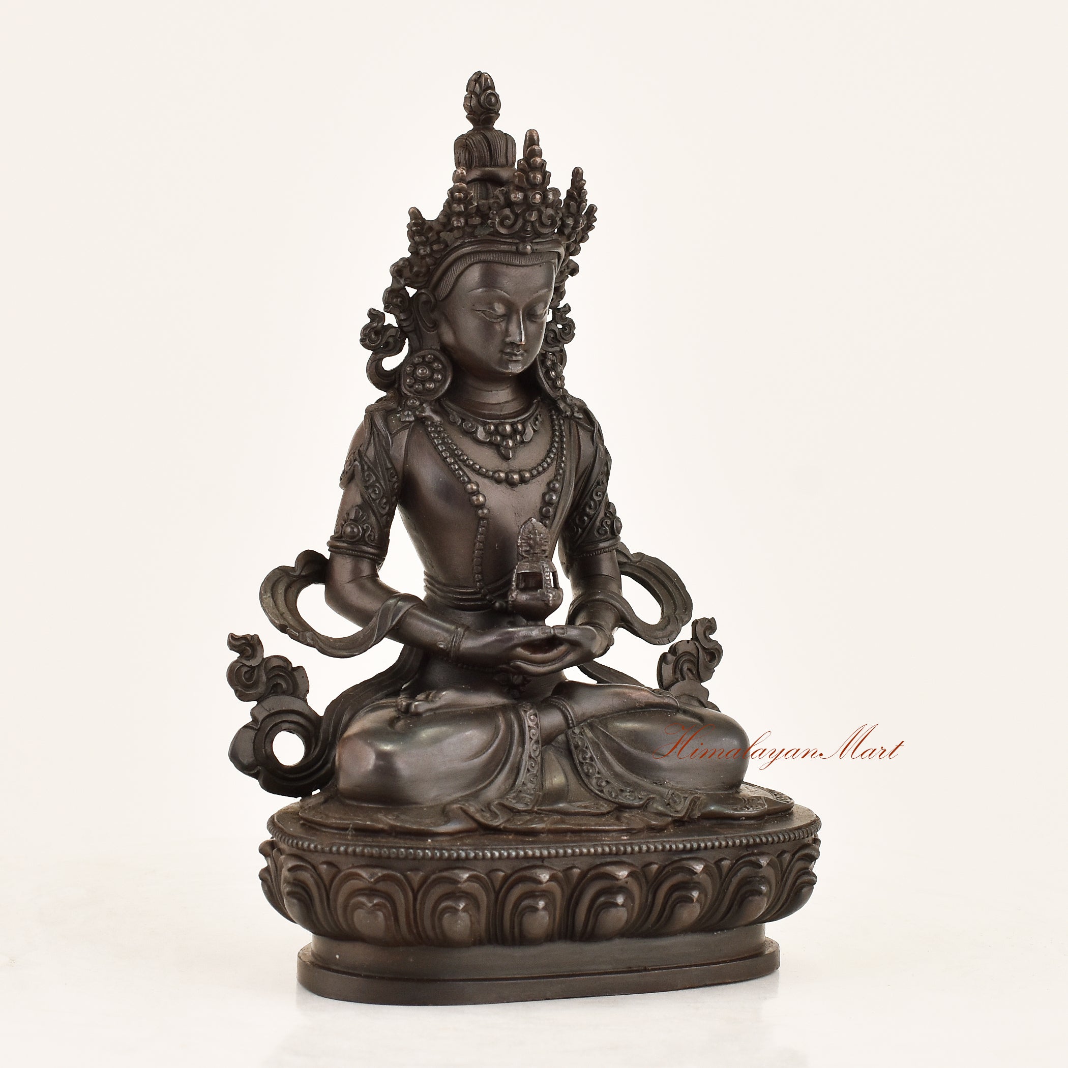 Right side view of the Aparimita Statue showing fine hand-carved detailing, jeweled crown ornaments, and flowing silk garment engravings crafted in Patan, Nepal