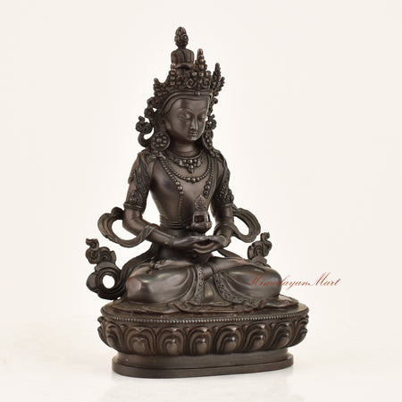 Right side view of the Aparimita Statue showing fine hand-carved detailing, jeweled crown ornaments, and flowing silk garment engravings crafted in Patan, Nepal