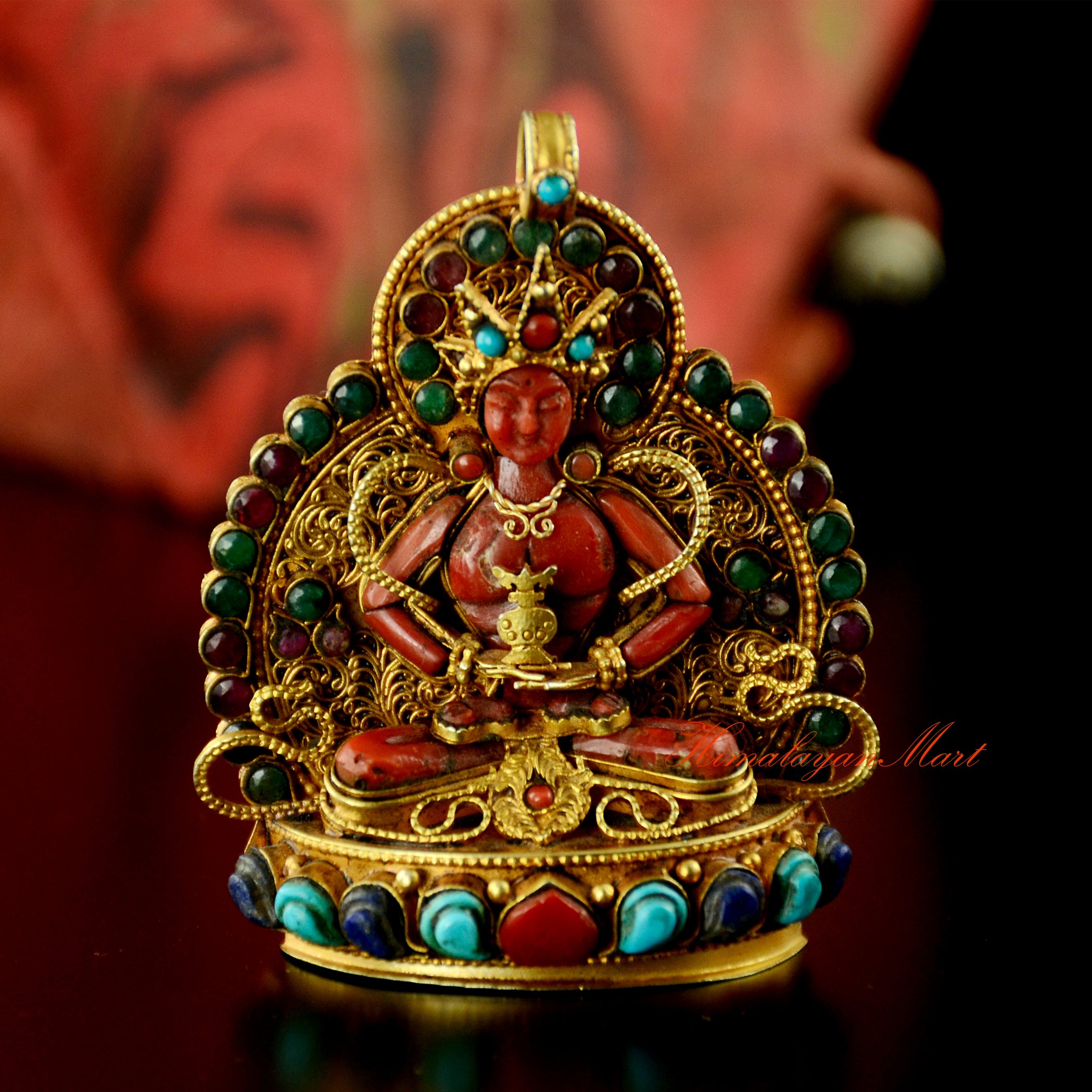 Aparmita Silver Pendant Tibetan Buddhist ghau locket in gold plated silver with coral and gemstone detailing