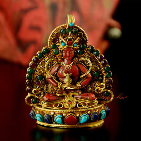 Aparmita Silver Pendant Tibetan Buddhist ghau locket in gold plated silver with coral and gemstone detailing