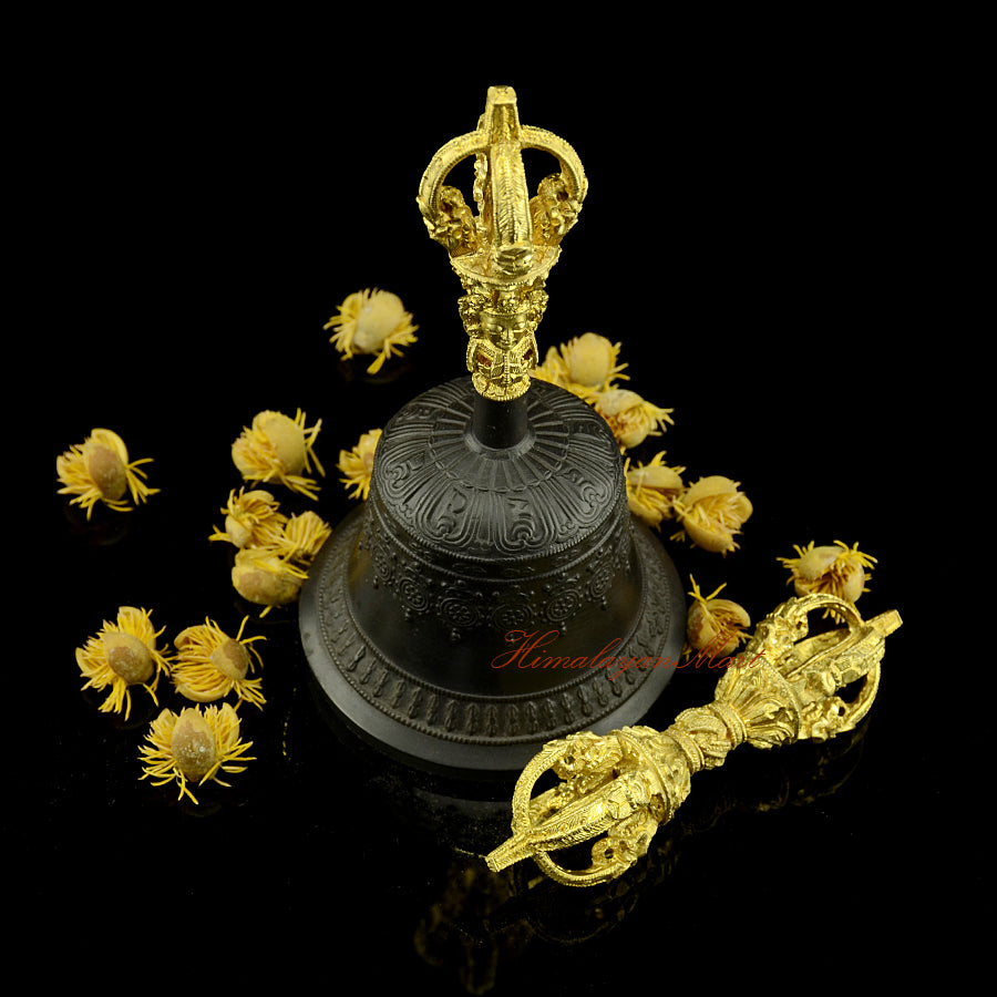 Handmade Bell and Vajra Set with black bell body and yellow Vajra handle, hand-engraved copper and bronze alloy, crafted in Patan, Nepal