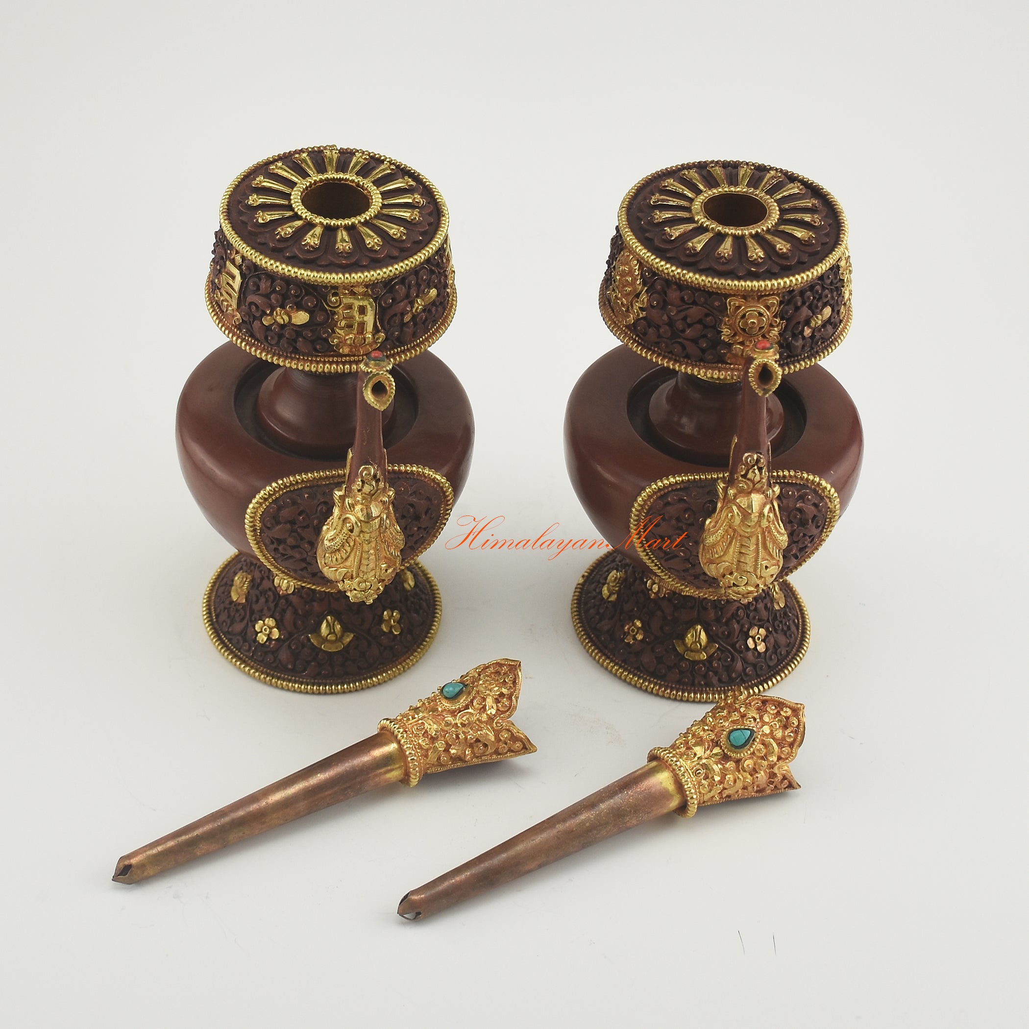 Detailed view of the parts of the Bhumba Ritual Container, emphasizing handcrafted copper construction and gold-plated elements.