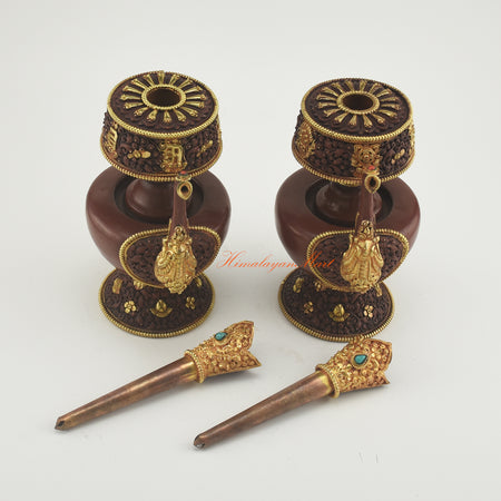 Detailed view of the parts of the Bhumba Ritual Container, emphasizing handcrafted copper construction and gold-plated elements.