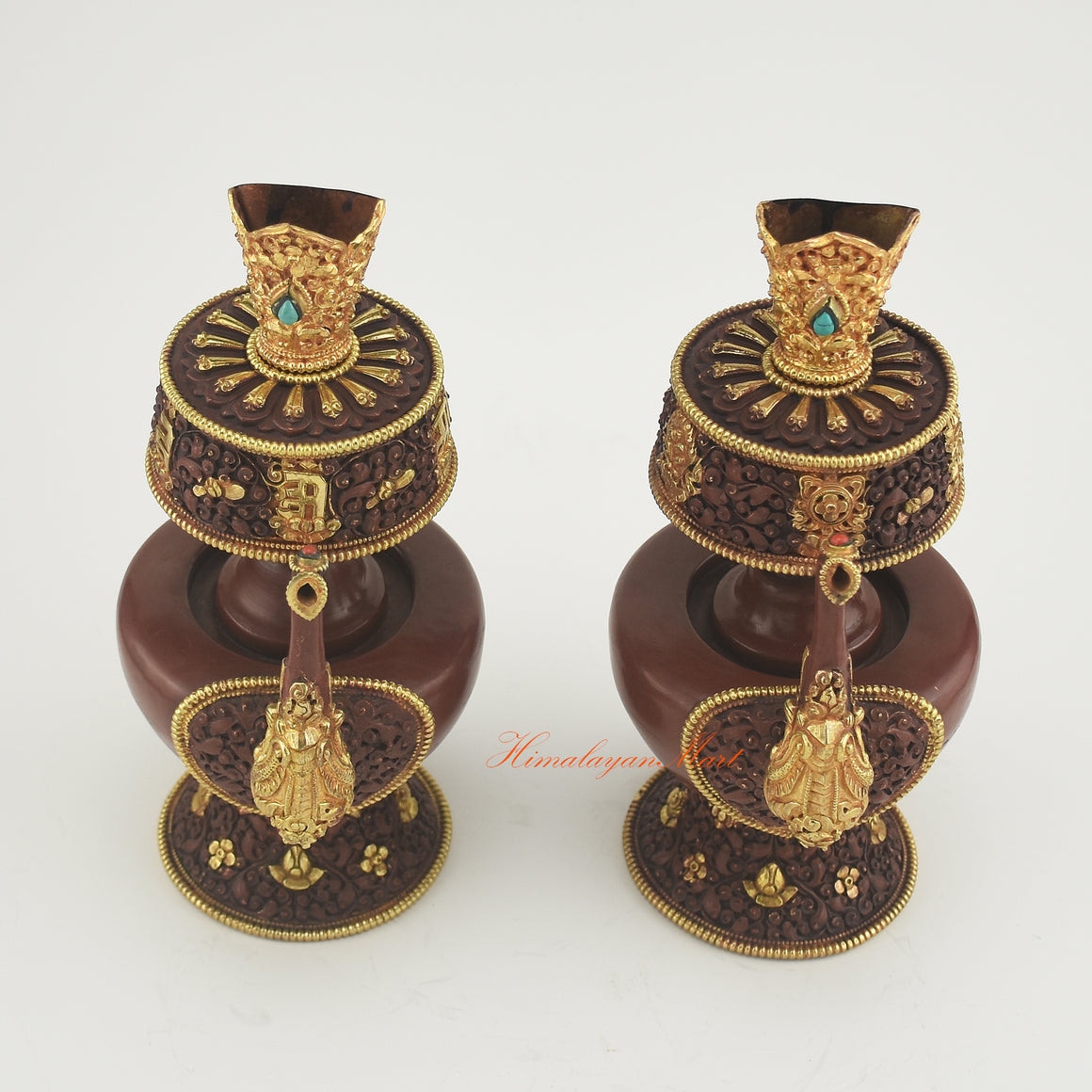 Upper view of Bhumba Ritual Container set showing hand-carved rims, gold plating, and embedded coral and turquoise stones.