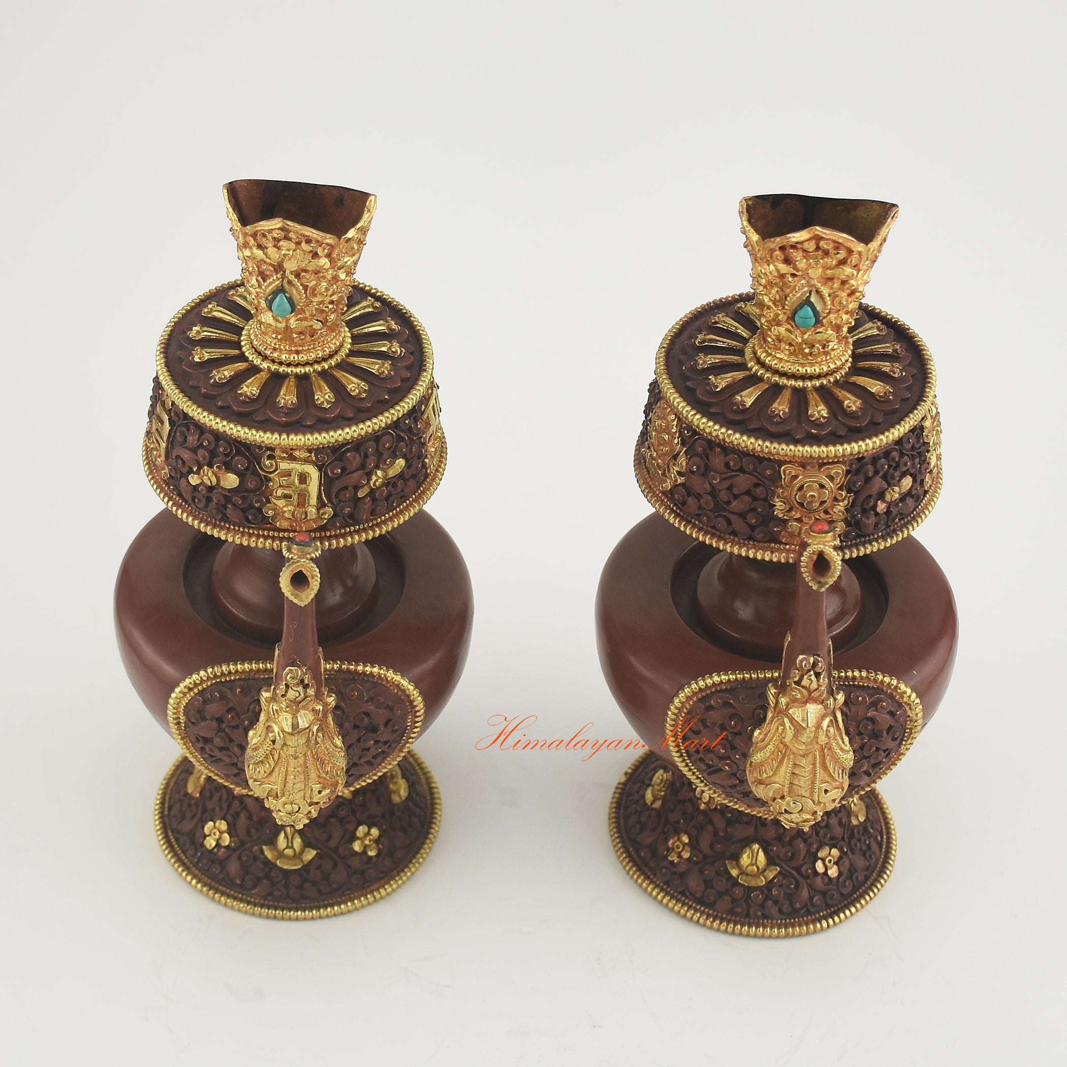 Upper view of Bhumba Ritual Container set showing hand-carved rims, gold plating, and embedded coral and turquoise stones.
