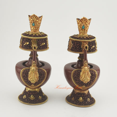 Bhumba Ritual Container handcrafted from copper alloy with 24K gold plating and coral and turquoise stones for Buddhist altar offerings.