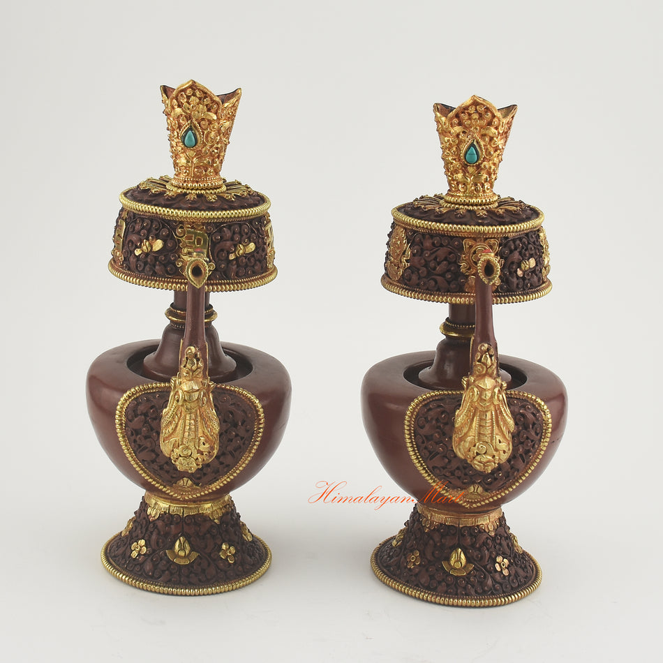 Bhumba Ritual Container handcrafted from copper alloy with 24K gold plating and coral and turquoise stones for Buddhist altar offerings.