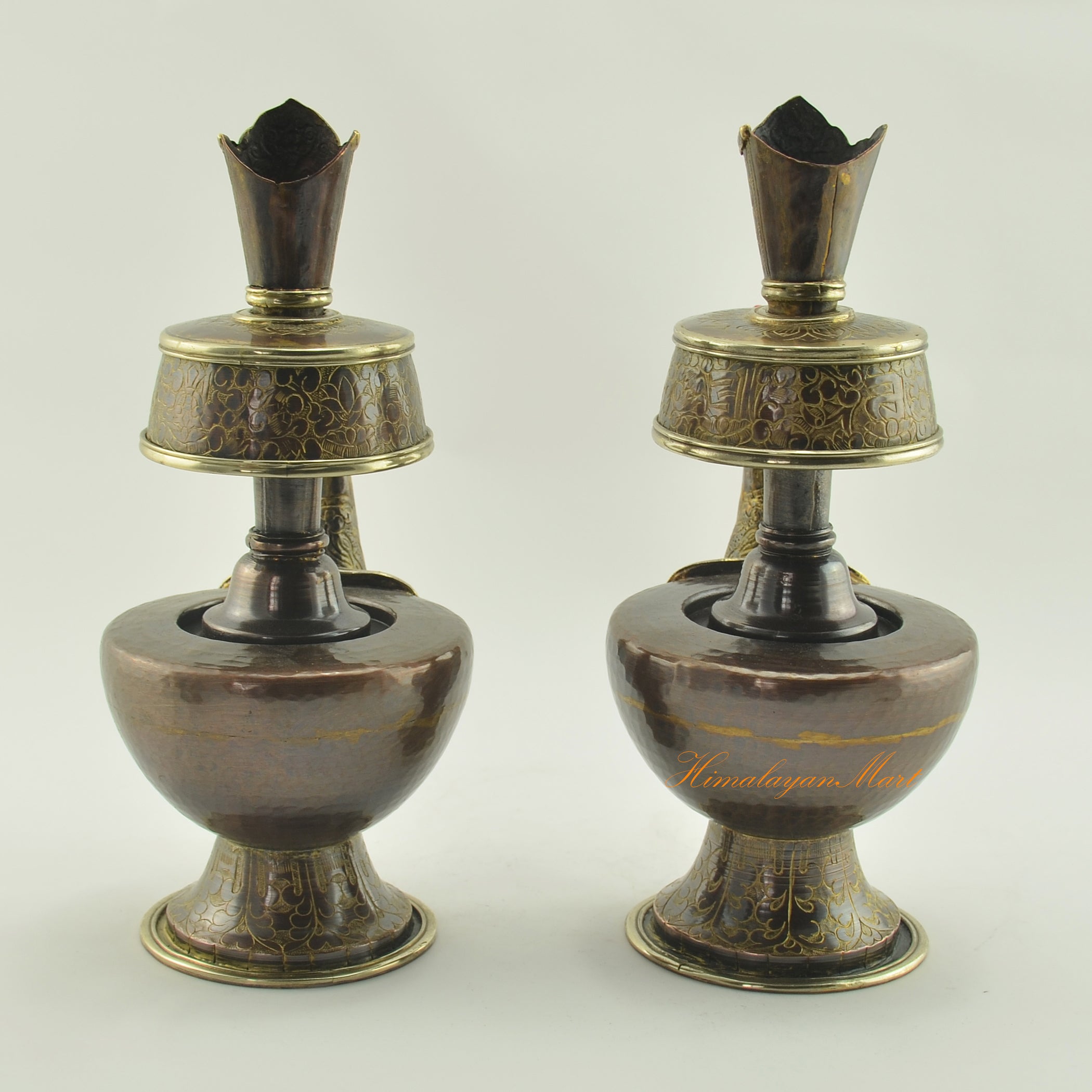 Back view of Bhumba Sacred Ritual Vase highlighting engraved copper alloy surface and intricate Himalayan artisan craftsmanship