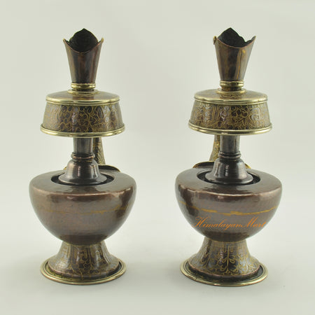 Back view of Bhumba Sacred Ritual Vase highlighting engraved copper alloy surface and intricate Himalayan artisan craftsmanship