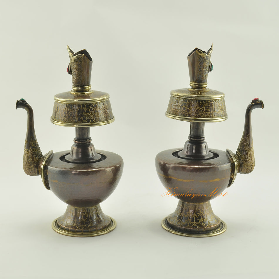 Left and right view of Bhumba Sacred Ritual Vase showing hand-carved copper alloy and decorative coral and turquoise stones