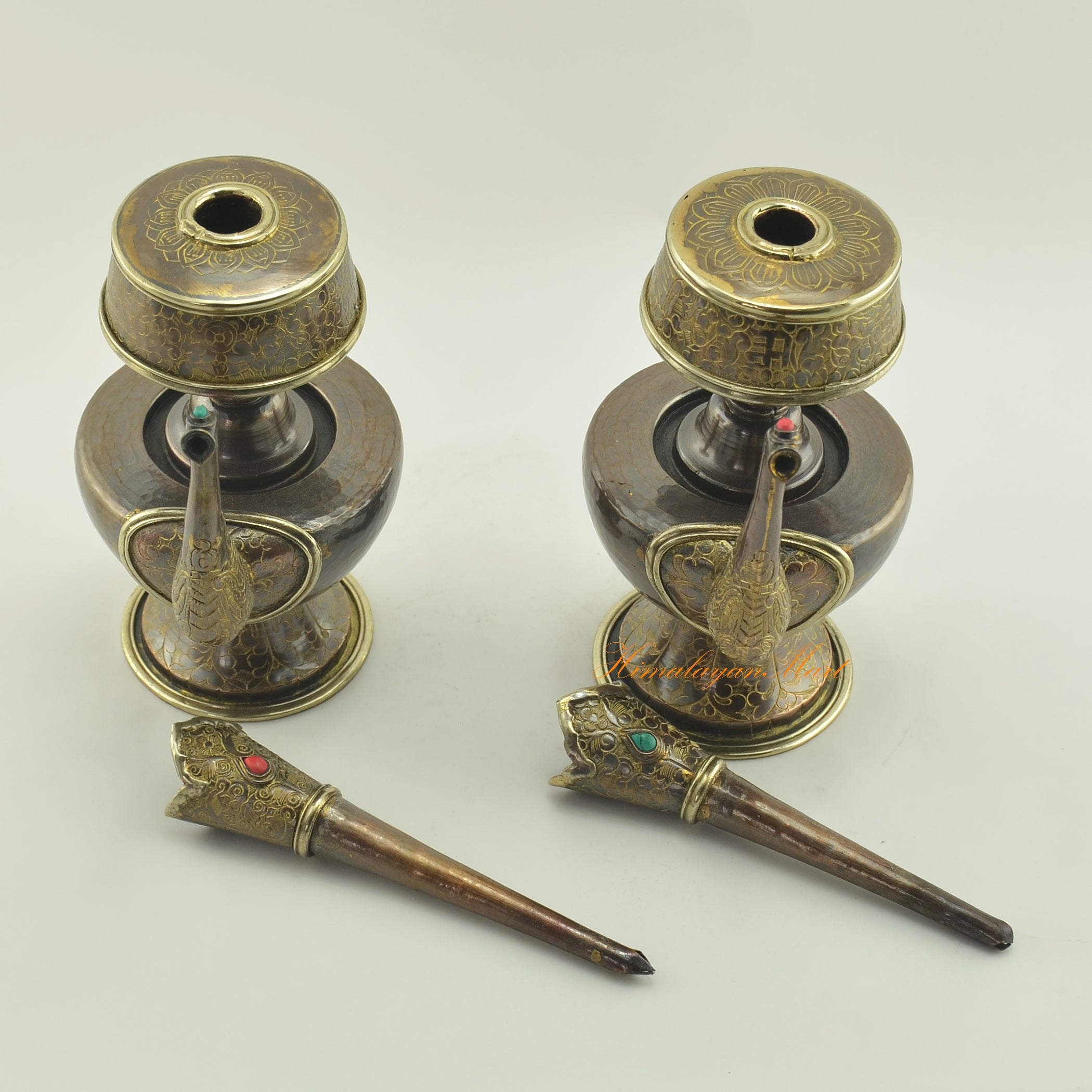 Close-up details of Bhumba Sacred Ritual Vase showcasing handcrafted design, semi-precious stone inlays, and traditional ritual features