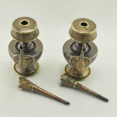 Close-up details of Bhumba Sacred Ritual Vase showcasing handcrafted design, semi-precious stone inlays, and traditional ritual features