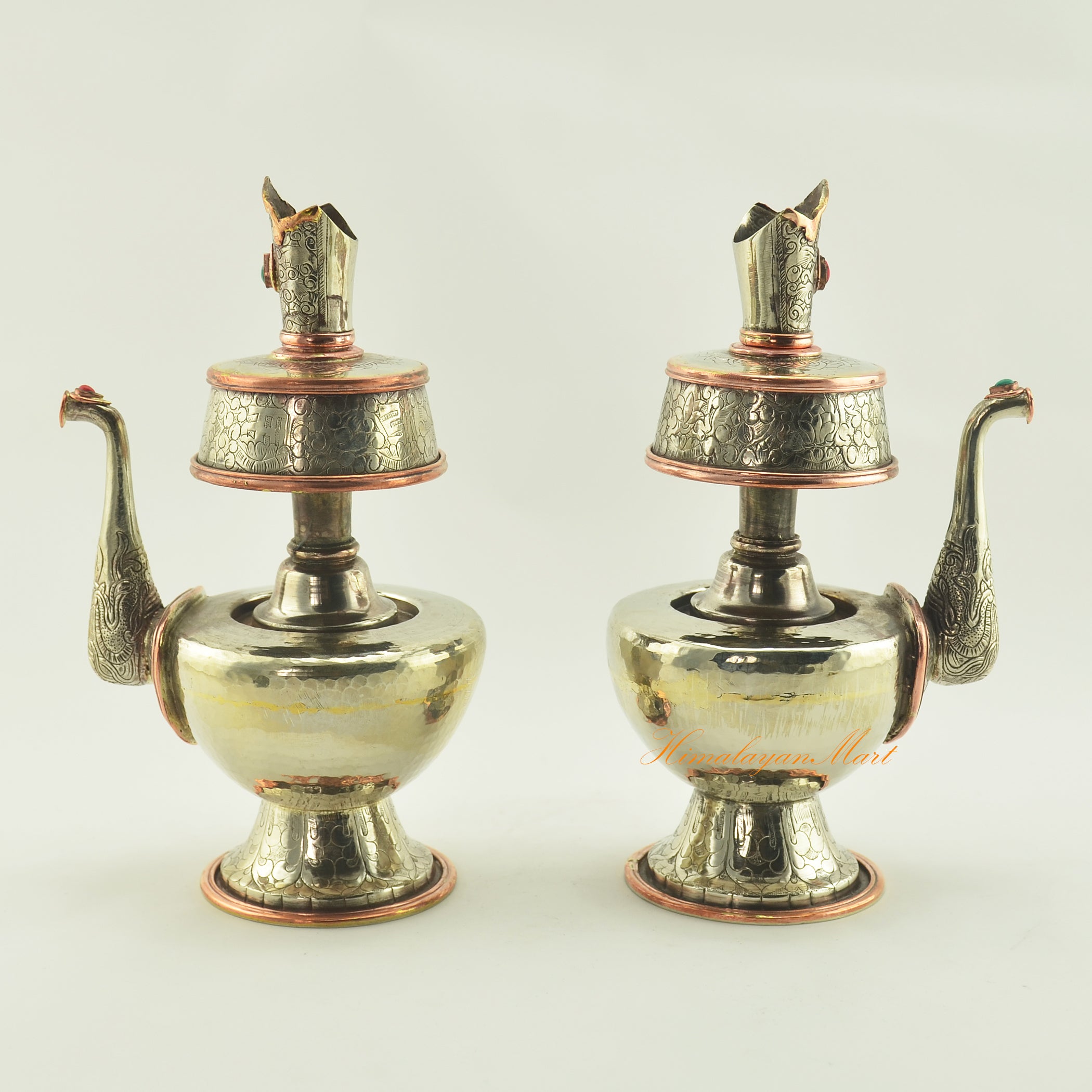 Left and right angled view of Bhumba Tibetan Ritual Vase highlighting traditional Buddhist craftsmanship