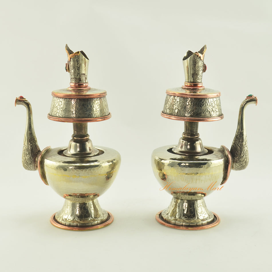 Left and right angled view of Bhumba Tibetan Ritual Vase highlighting traditional Buddhist craftsmanship