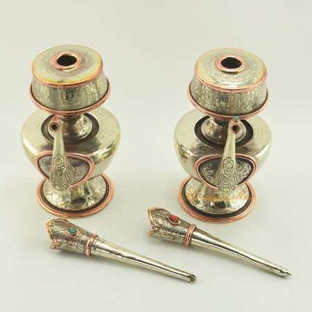 Detailed view of Bhumba Tibetan Ritual Vase components showing white metal body, copper rings, and stone inlay