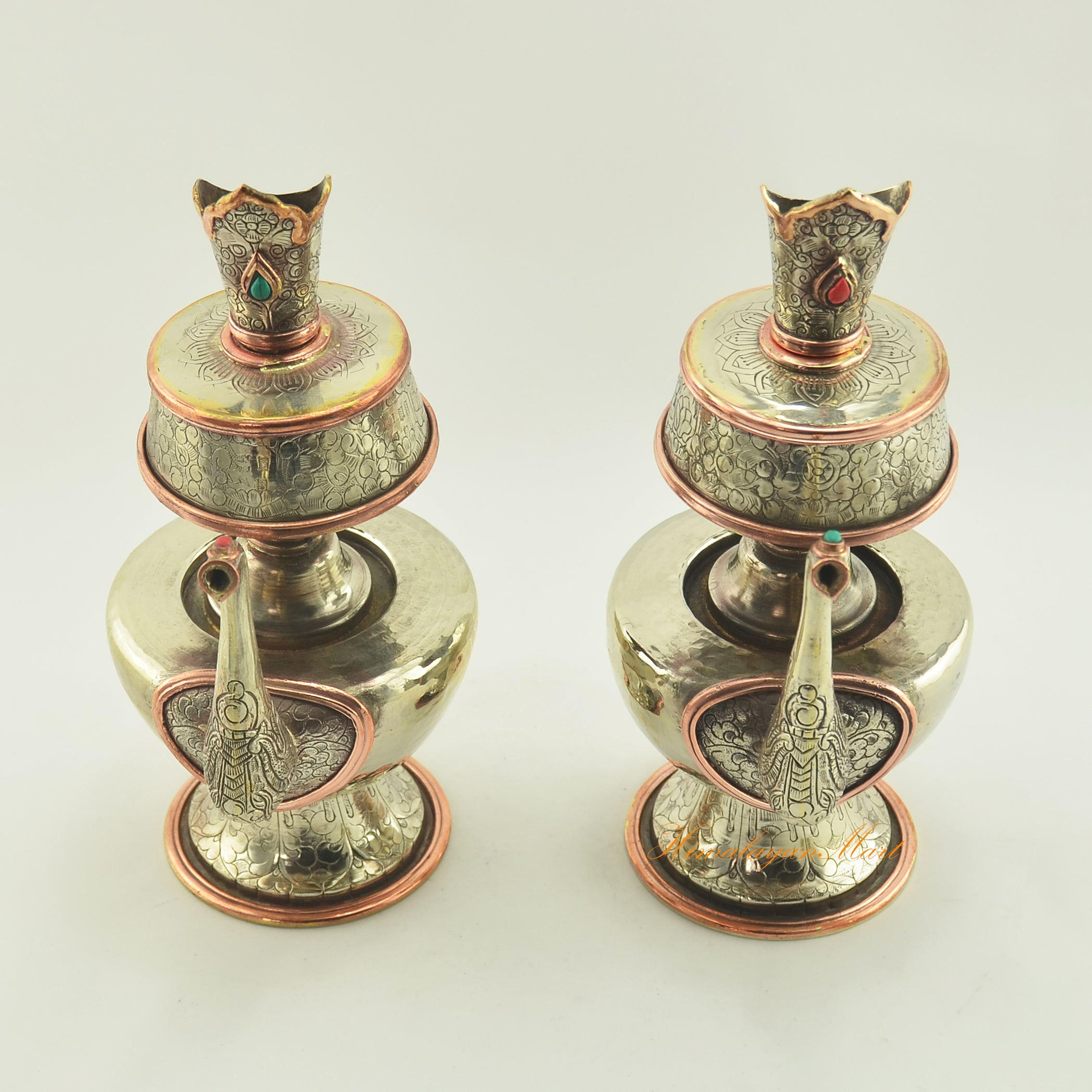 Upper rim detail of Bhumba Tibetan Ritual Vase with fine hand carvings and copper accents