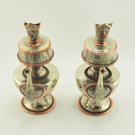 Upper rim detail of Bhumba Tibetan Ritual Vase with fine hand carvings and copper accents