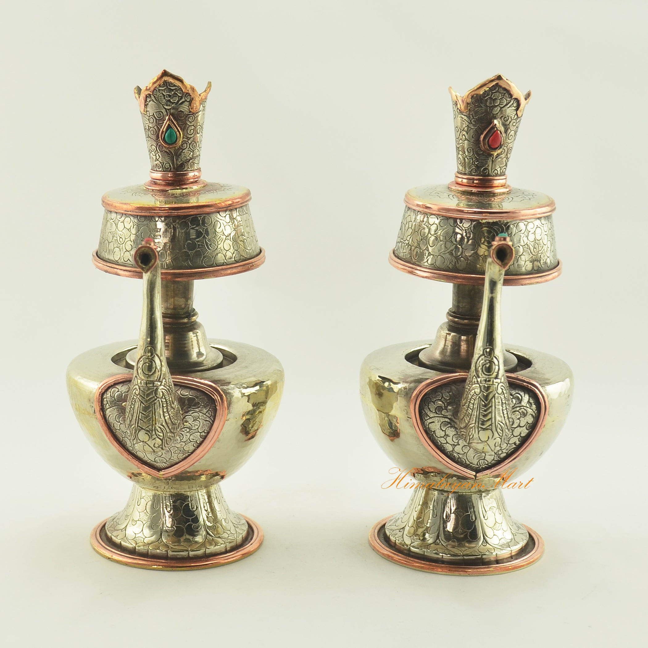 Bhumba Tibetan Ritual Vase handcrafted in white metal with copper accents for Buddhist offerings