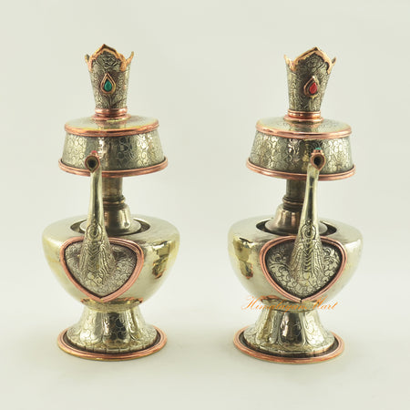 Bhumba Tibetan Ritual Vase handcrafted in white metal with copper accents for Buddhist offerings