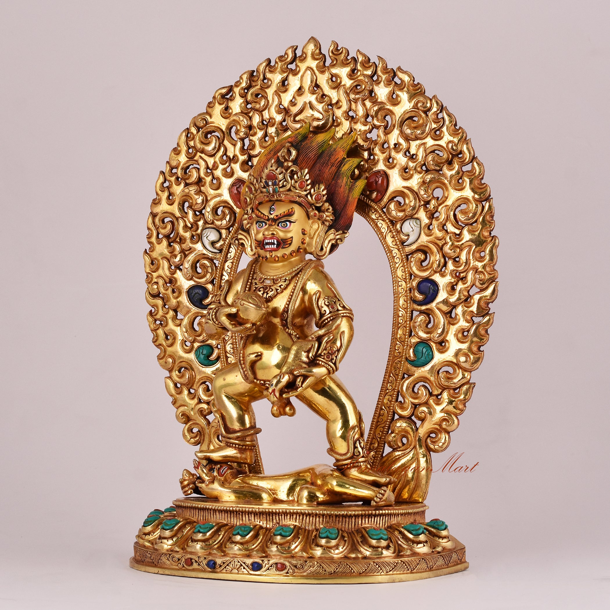 Left-side view of the Black Dzambhala Statue highlighting intricate ornament details and sacred symbolism.