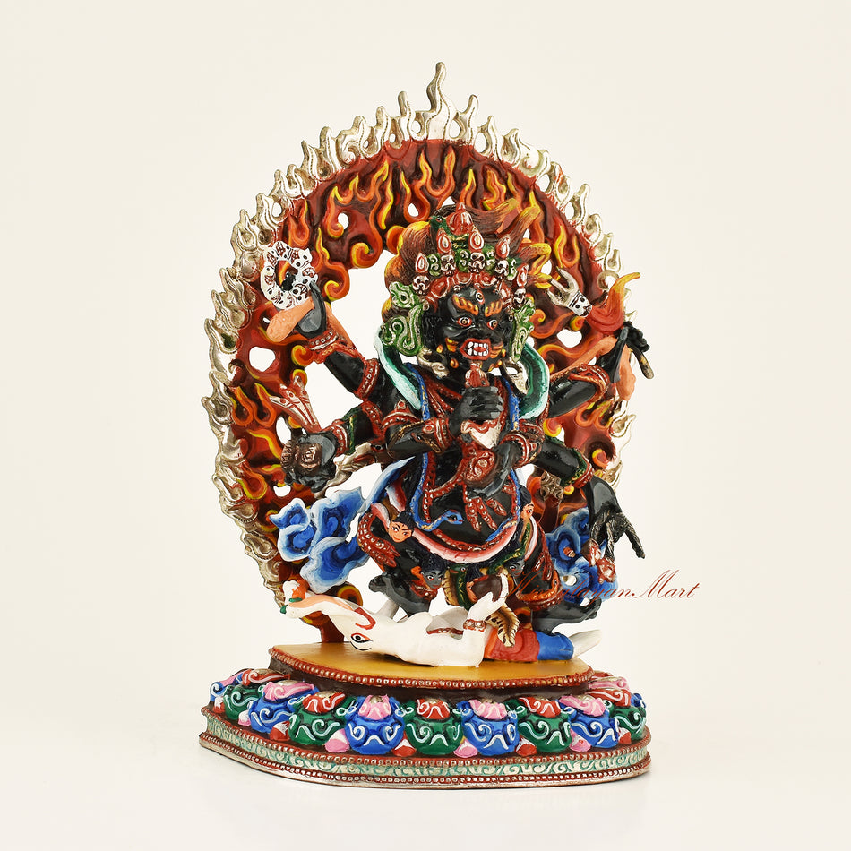 Right side view of the Black Mahakala Dharmapala statue showing hand-painted detail