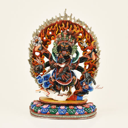 Black Mahakala Dharmapala statue, hand-painted copper alloy with 24K gold gilding