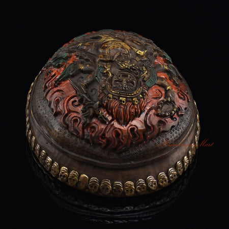 Black Mahakala resin kapala, top view showing skull cup design