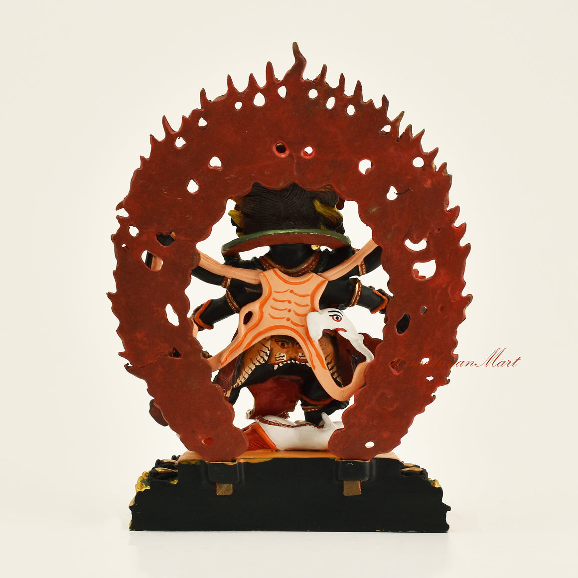 Back view of Black Mahakala statue with wooden frame, handmade in Patan, Nepal